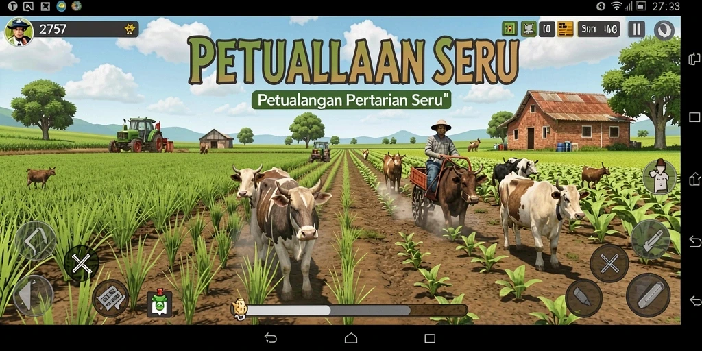 Screenshot gameplay menampilkan ladang hijau yang subur dalam 2757.