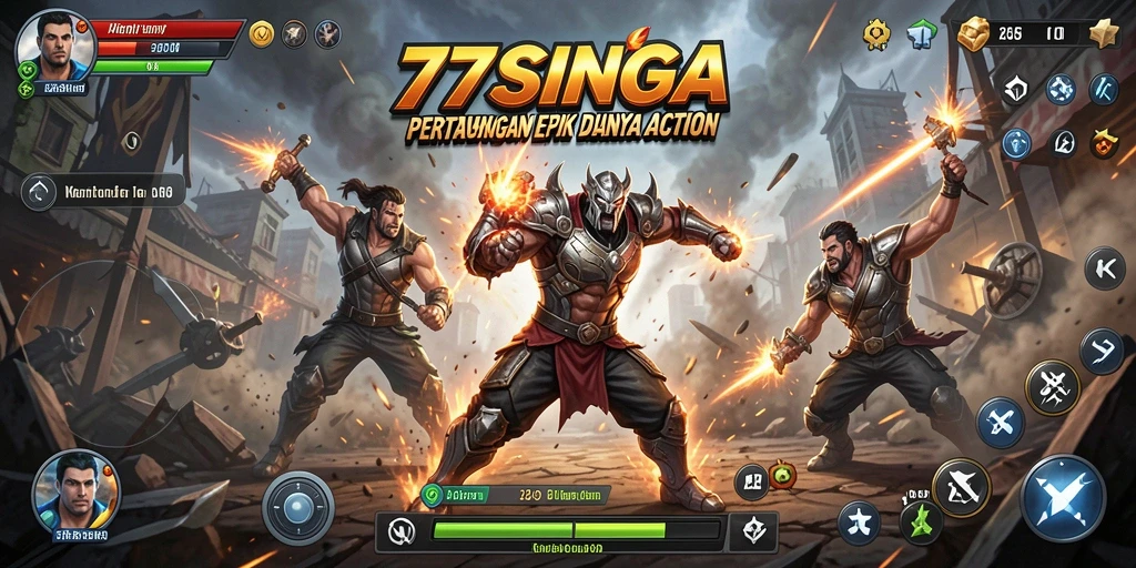 Tampilan aksi seru di 77SINGA saat bertarung melawan musuh.