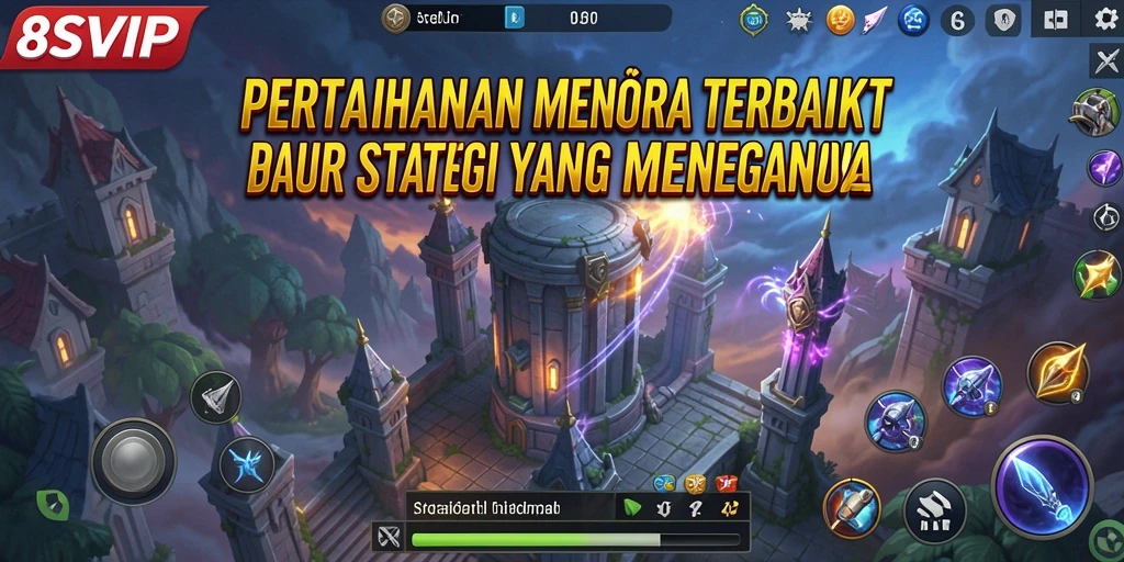 Tampilan menara pertahanan yang strategis di tengah medan perang.