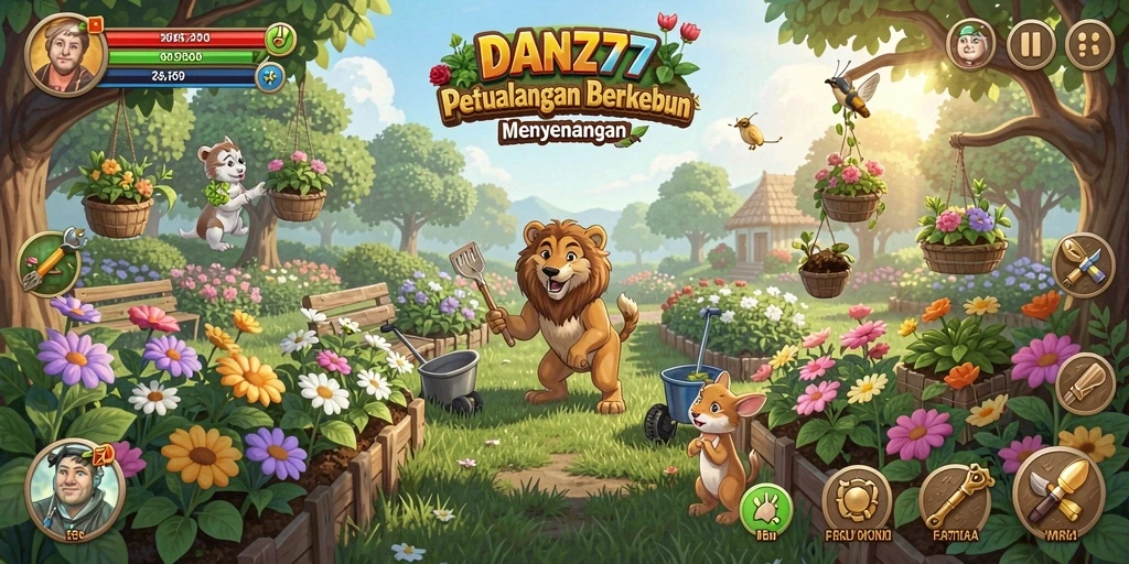 Screenshot gameplay yang menunjukkan kebun indah dalam DAN777.
