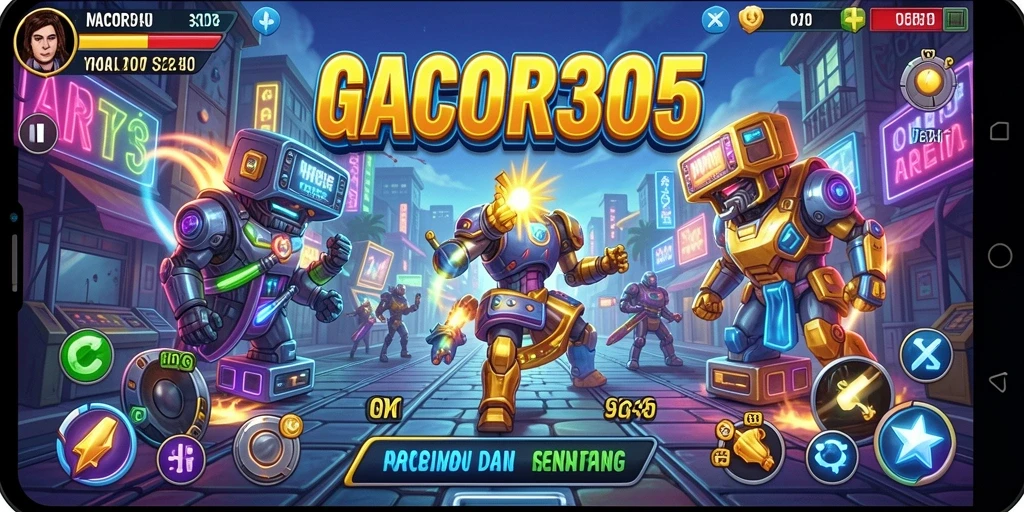 Tangkapan layar menunjukkan gameplay mendebarkan GACOR305 di arena berwarna-warni.