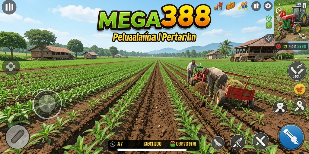 Tangkapan layar gameplay MEGA388 menampilkan aktivitas bertani yang seru.