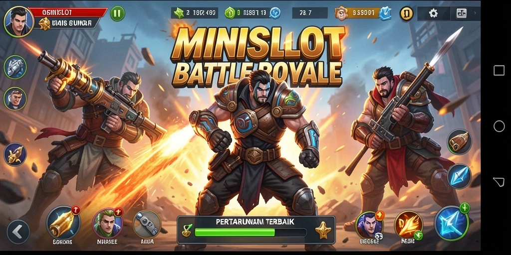 Screenshot gameplay <strong>MINISLOT</strong> menampilkan aksi mendebarkan dalam pertempuran Battle Royale.