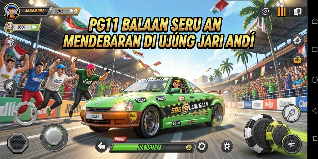 Screenshot PG11 yang menampilkan aksi balapan mendebarkan dan mobil yang keren.