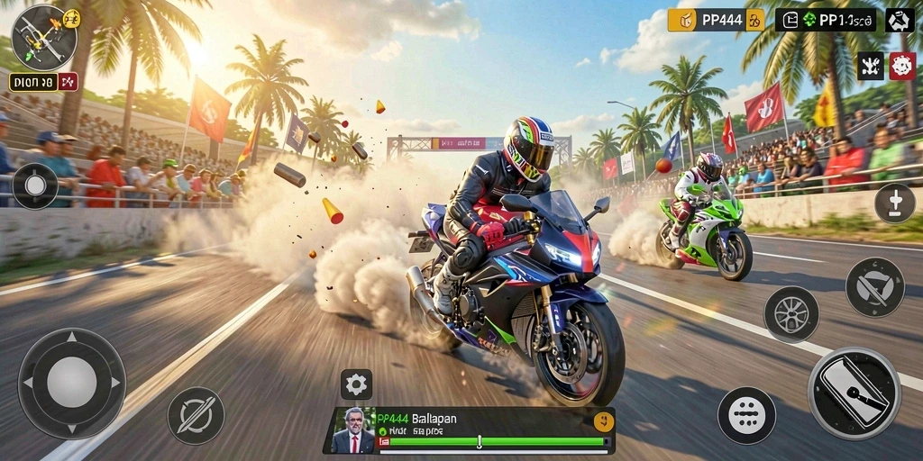Tampilan gameplay PP444 dengan balapan motor yang seru.