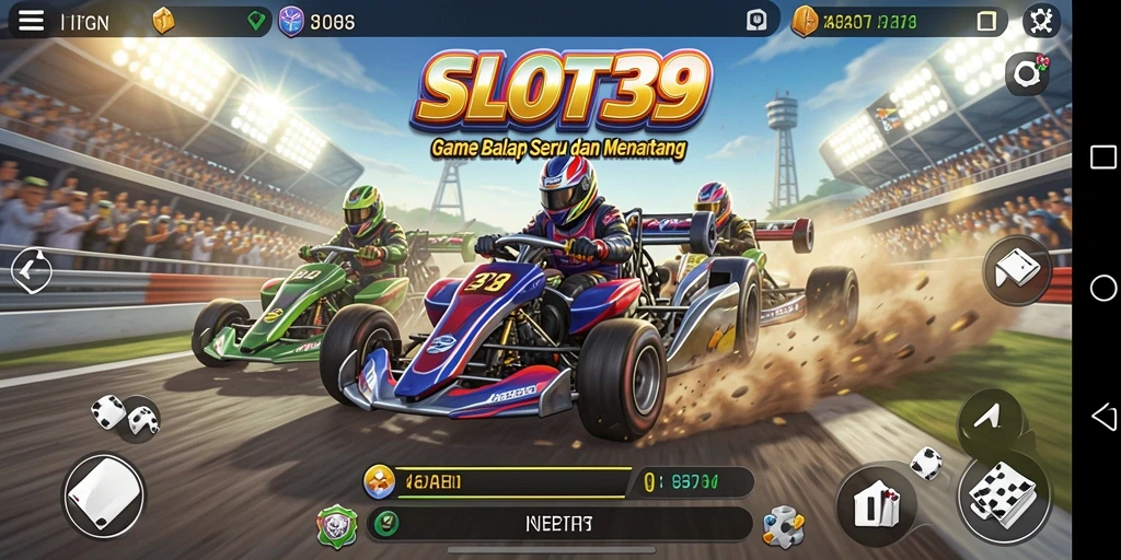 Tampilan gameplay SLOT39 dengan mobil balap beraksi di trek menantang.
