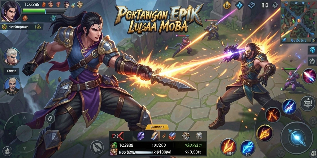 Screenshot TO288 menampilkan aksi karakter dalam pertarungan MOBA.